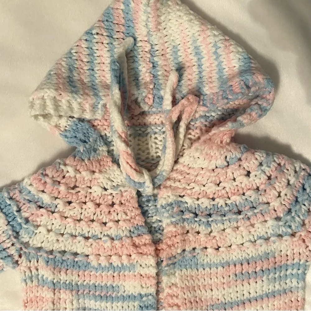 Handmade Knit Crochet Open Cardigan Sweater Hooded Baby Girl 18M pink blue white